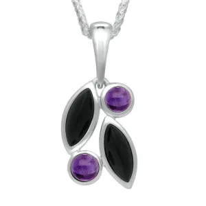Sterling Silver Whitby Jet Amethyst Four Stone Leaf Necklace