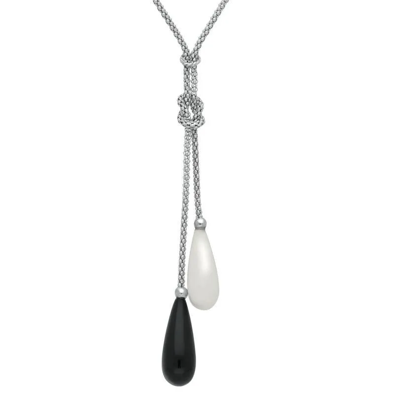 Sterling Silver Whitby Jet and Bauxite 2 Stone Knot Drop Necklace D