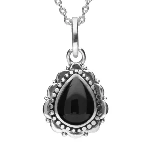 Sterling Silver Whitby Jet Beaded Edge Pear Shape Necklace