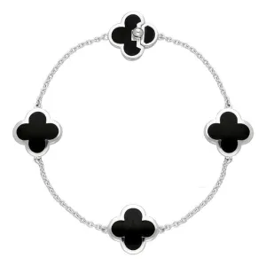 Sterling Silver Whitby Jet Bloom Four Stone Four Leaf Clover Chain Bracelet D