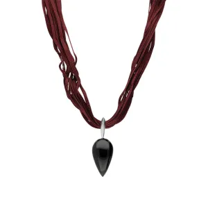 Sterling Silver Whitby Jet Burgundy Silk Pear Shape Necklace D