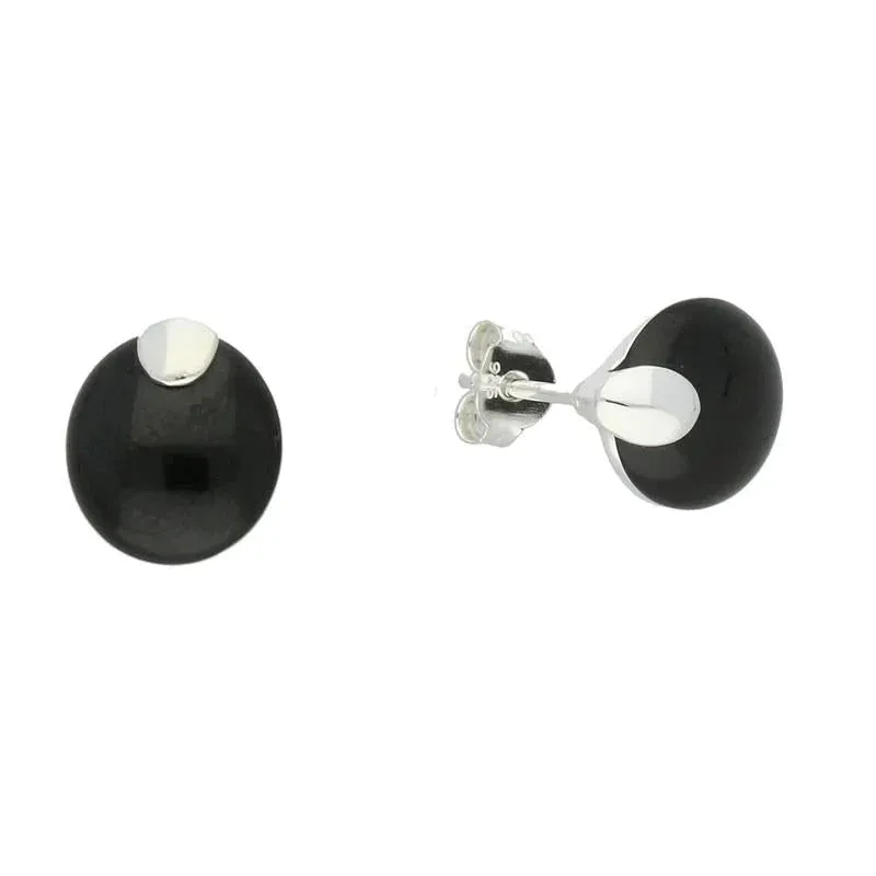 Sterling Silver Whitby Jet Button Cap Stud Earrings