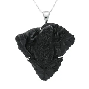 Sterling Silver Whitby Jet Carved Frog With Snake Necklace