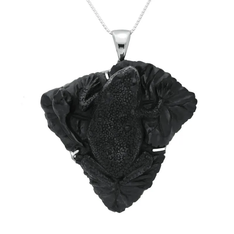 Sterling Silver Whitby Jet Carved Frog With Snake Necklace