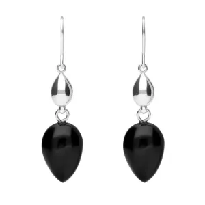 Sterling Silver Whitby Jet Carved Pear Bead Drop Hook Earrings