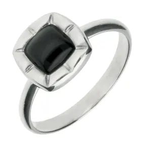 Sterling Silver Whitby Jet Cushion Ridged Edge Ring
