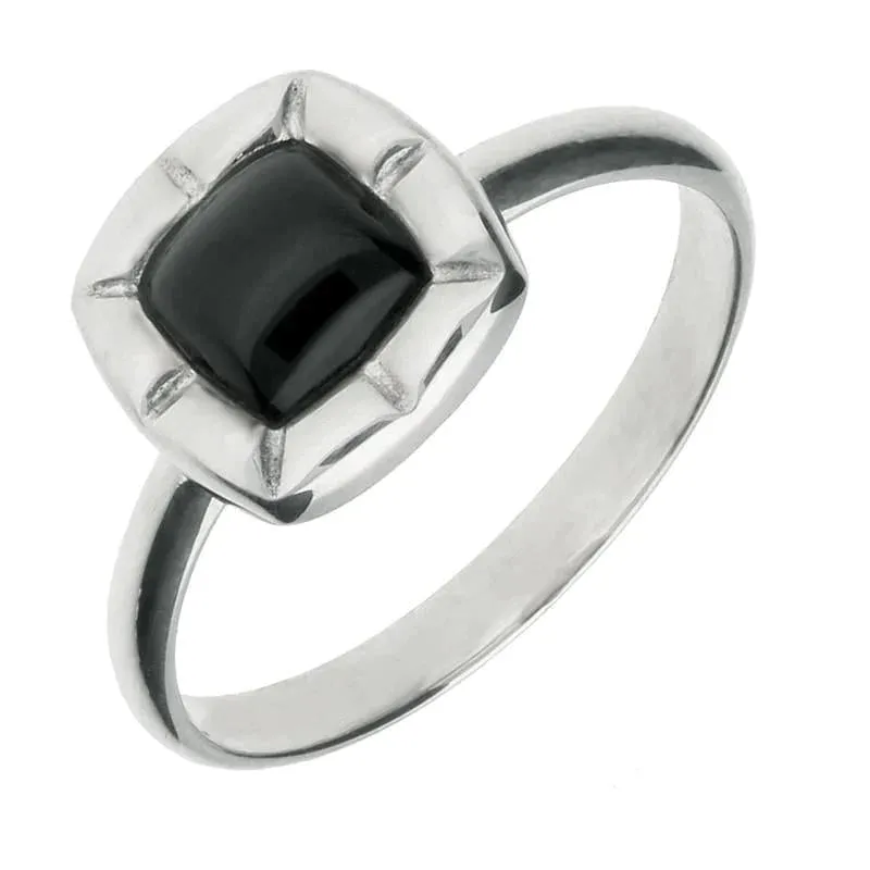Sterling Silver Whitby Jet Cushion Ridged Edge Ring