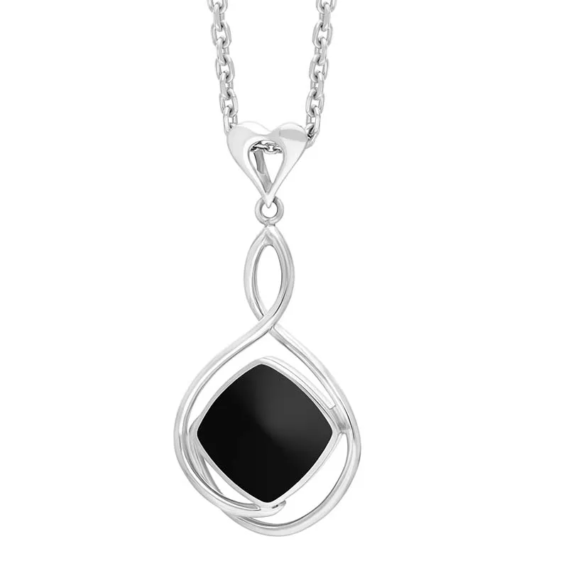 Sterling Silver Whitby Jet Cushion Stone Open Frame Heart Bale Necklace