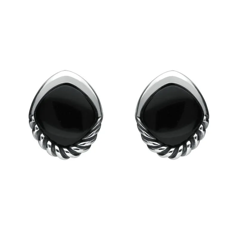 Sterling Silver Whitby Jet Diamond Rope Bottom Stud Earrings