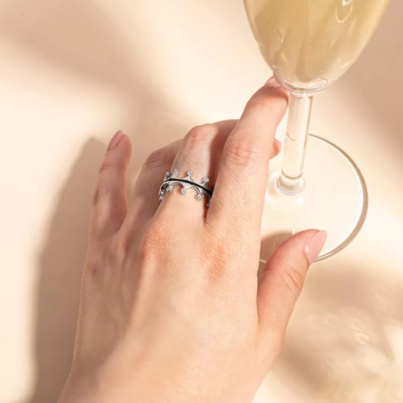 Sterling Silver Whitby Jet Diamond Tiara Double Band Ring