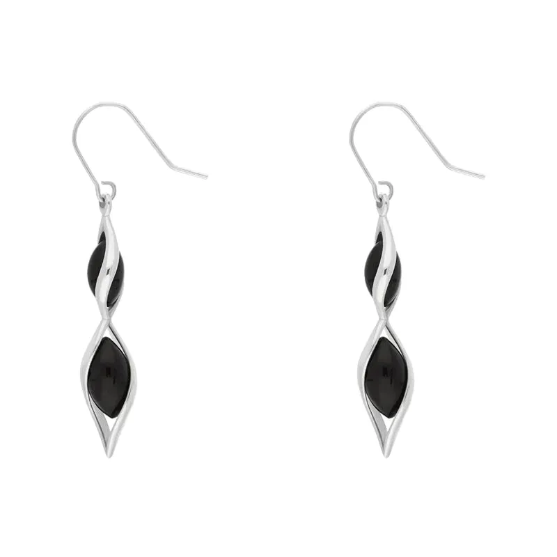 Sterling Silver Whitby Jet Double Graduated Twist Drop Earrings