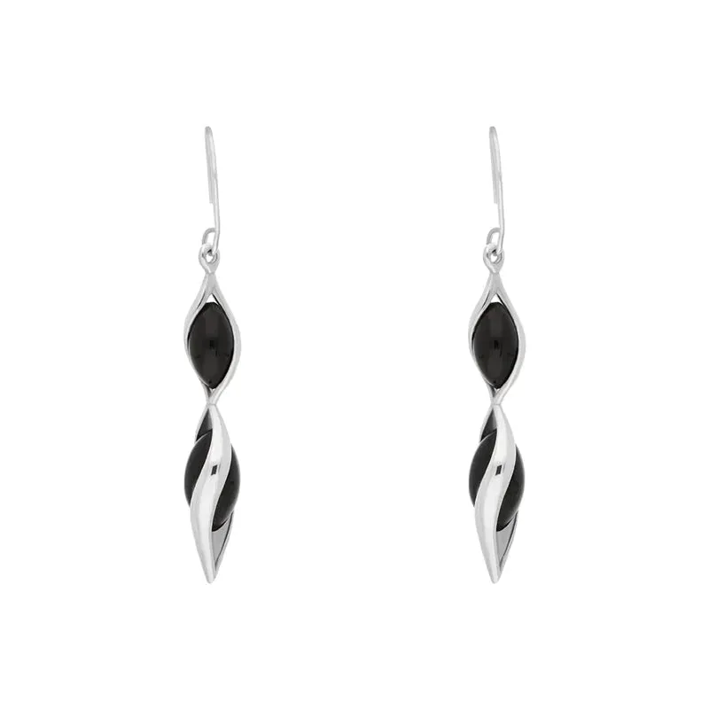 Sterling Silver Whitby Jet Double Graduated Twist Drop Earrings