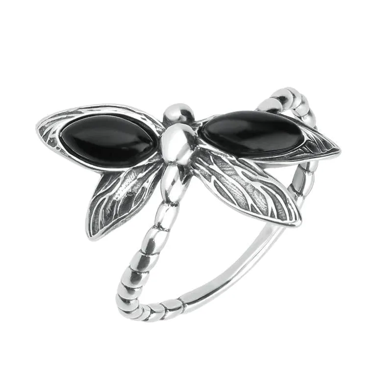Sterling Silver Whitby Jet Dragonfly Ring