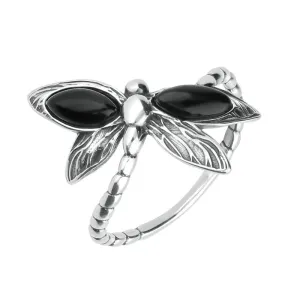 Sterling Silver Whitby Jet Dragonfly Ring