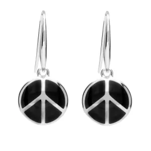 Sterling Silver Whitby Jet Essence Peace Symbol Hook Earrings