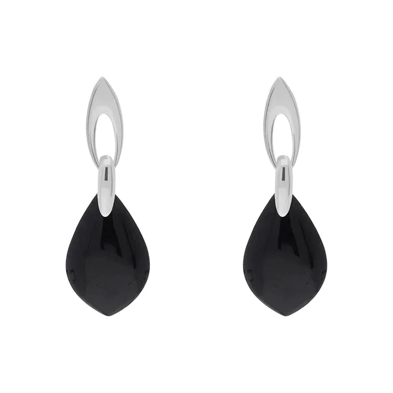 Sterling Silver Whitby Jet Flat Pear Shaped Drop Earrings
