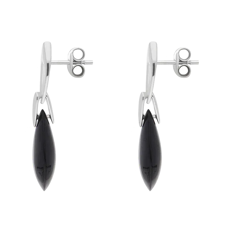 Sterling Silver Whitby Jet Flat Pear Shaped Drop Earrings