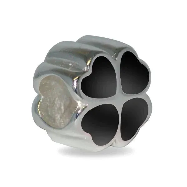 Sterling Silver Whitby Jet Four Leaf Clover Heart Charm