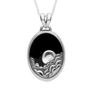Sterling Silver Whitby Jet Gothic Oval Moon and Cloud Necklace