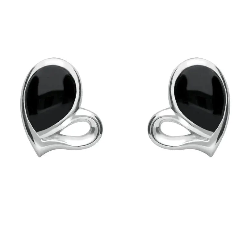 Sterling Silver Whitby Jet Half Filled Heart Stud Earrings