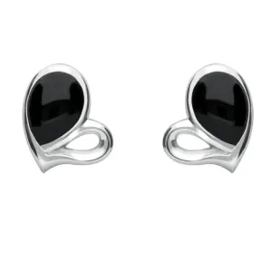 Sterling Silver Whitby Jet Half Filled Heart Stud Earrings