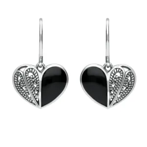 Sterling Silver Whitby Jet Half Stone Heart Hook Earrings