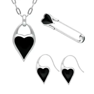 Sterling Silver Whitby Jet Heart Carrier Three Piece Set