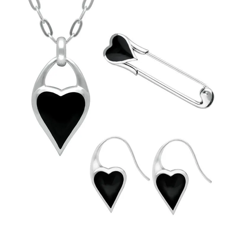 Sterling Silver Whitby Jet Heart Carrier Three Piece Set