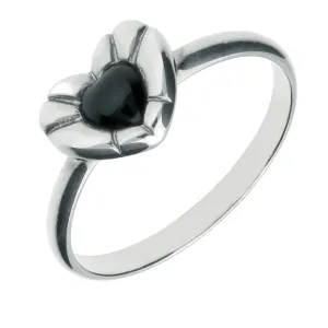 Sterling Silver Whitby Jet Heritage Heart Stone Ridged Edge Ring