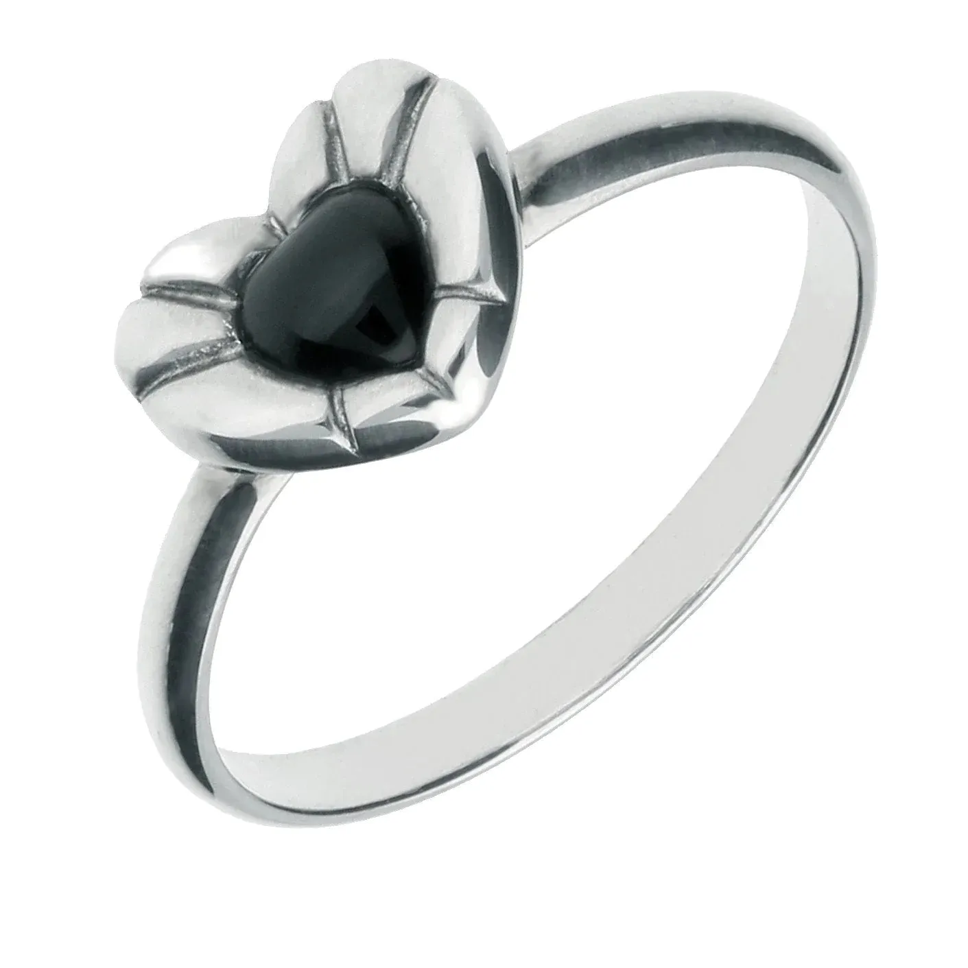 Sterling Silver Whitby Jet Heritage Heart Stone Ridged Edge Ring