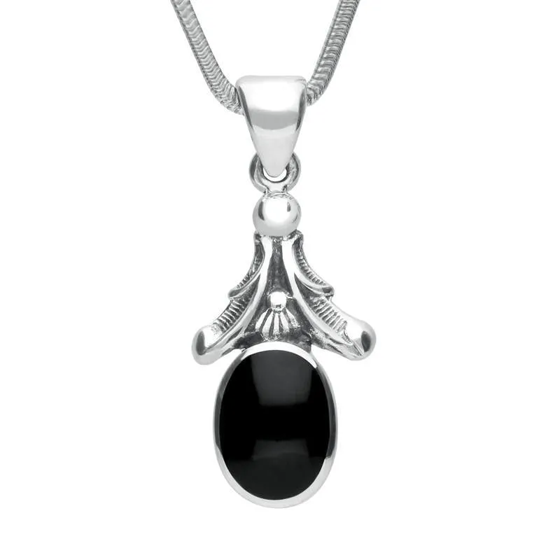 Sterling Silver Whitby Jet Heritage Oval Leaf Drop Necklace