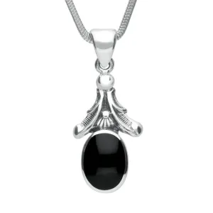 Sterling Silver Whitby Jet Heritage Oval Leaf Drop Necklace
