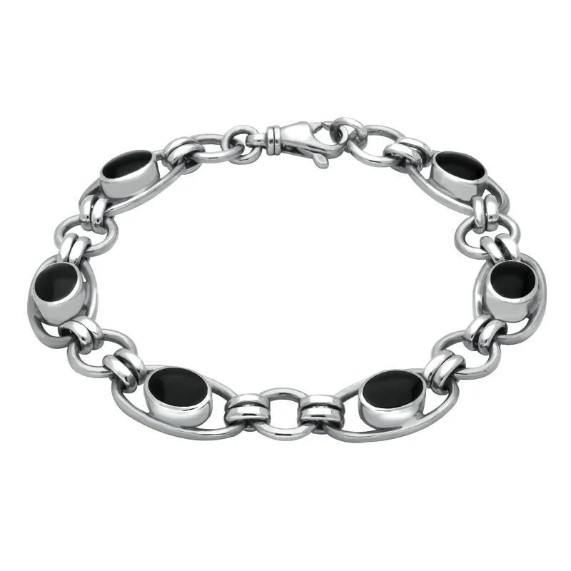 Sterling Silver Whitby Jet Heritage Oval Loop Link Bracelet