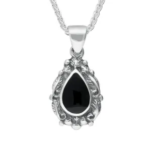 Sterling Silver Whitby Jet Heritage Pear Shaped Leaf Drop Necklace