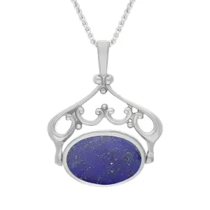Sterling Silver Whitby Jet Lapis Lazuli Double Sided Oval Swivel Fob Necklace