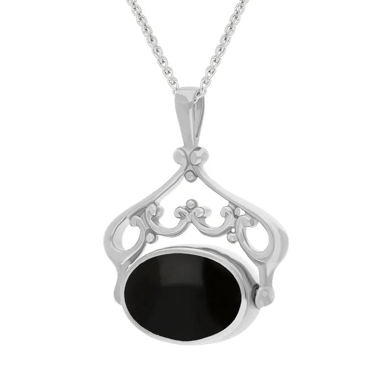 Sterling Silver Whitby Jet Lapis Lazuli Double Sided Oval Swivel Fob Necklace