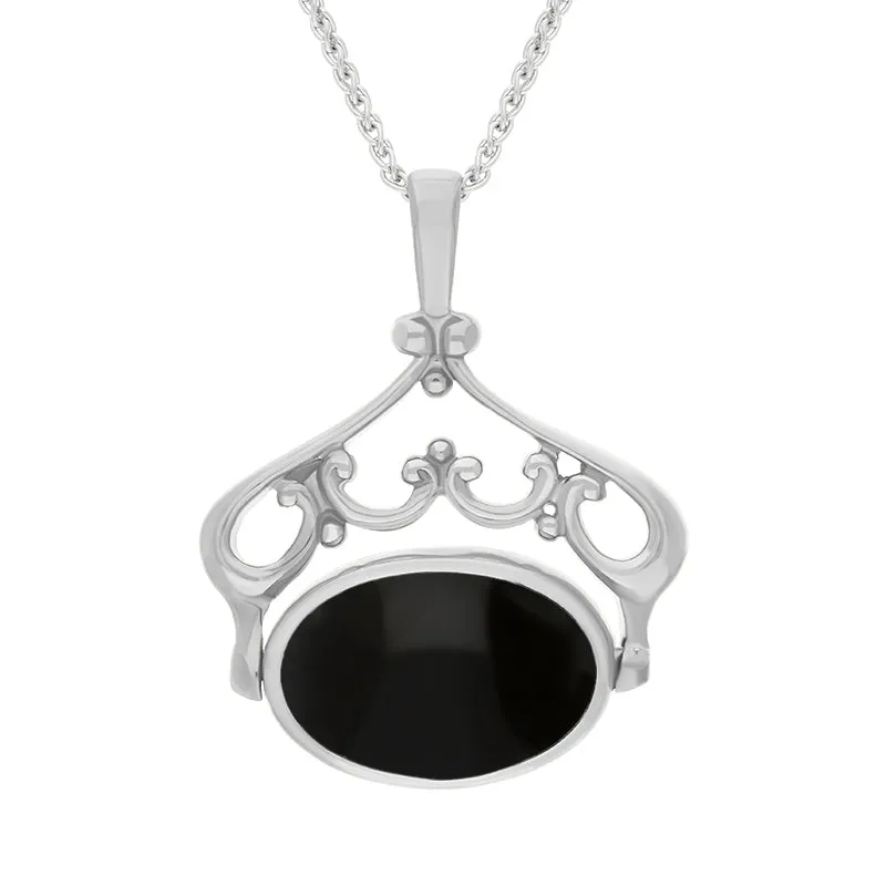 Sterling Silver Whitby Jet Lapis Lazuli Double Sided Oval Swivel Fob Necklace