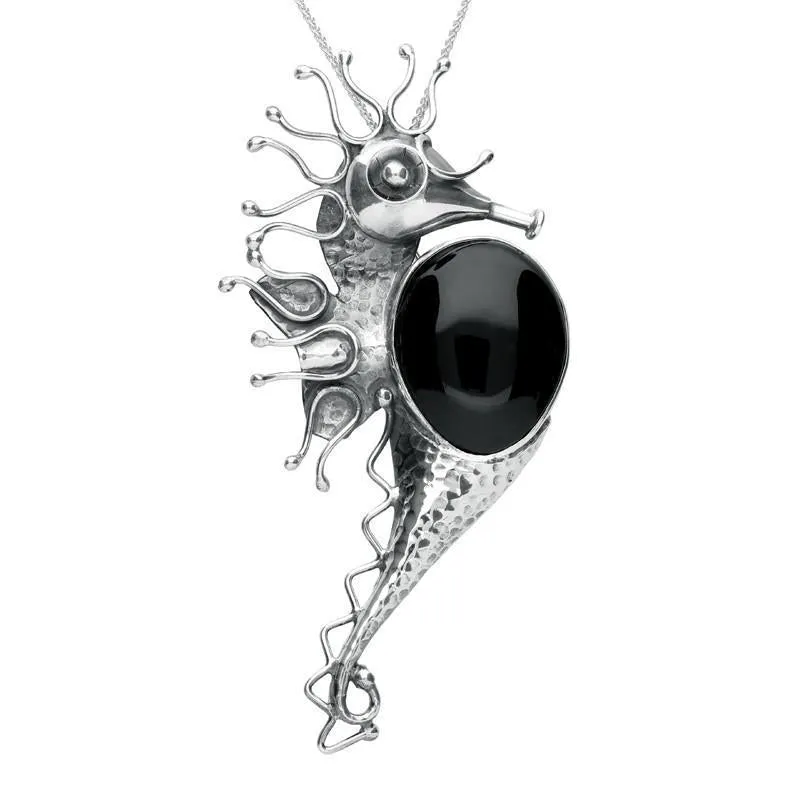 Sterling Silver Whitby Jet Large Seahorse Brooch D