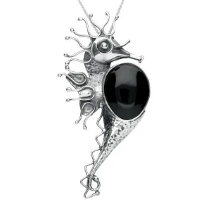 Sterling Silver Whitby Jet Large Seahorse Brooch D
