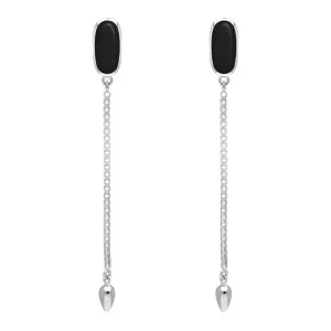 Sterling Silver Whitby Jet Lineaire Long Drop Stud Earrings