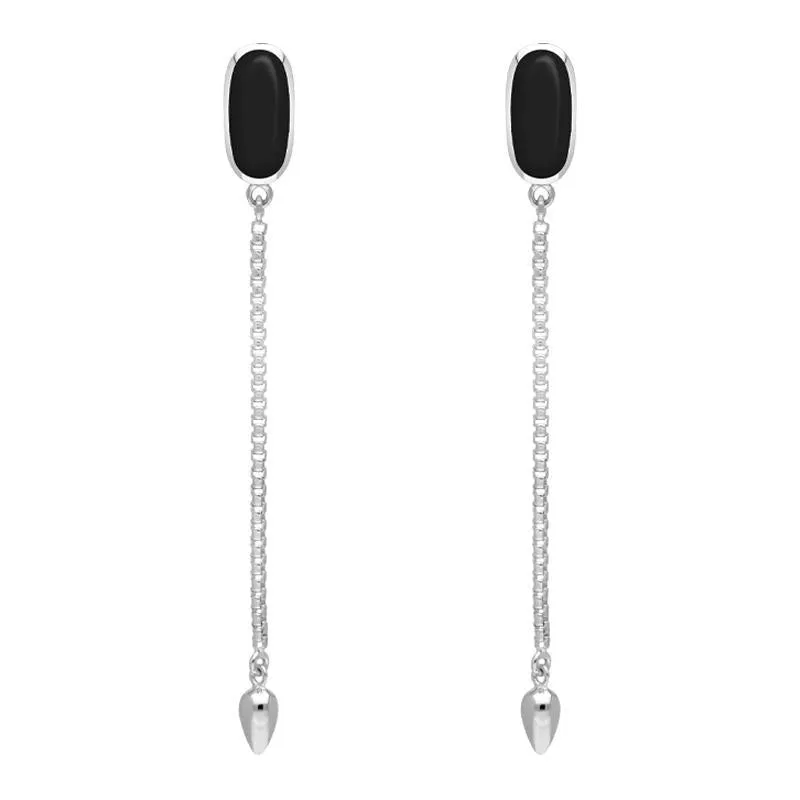 Sterling Silver Whitby Jet Lineaire Long Drop Stud Earrings