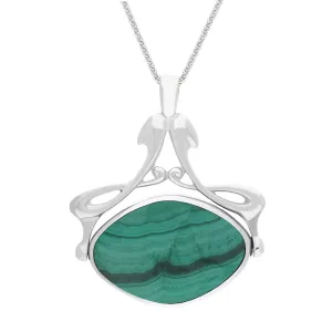 Sterling Silver Whitby Jet Malachite Bell Diamond Swivel Fob Necklace