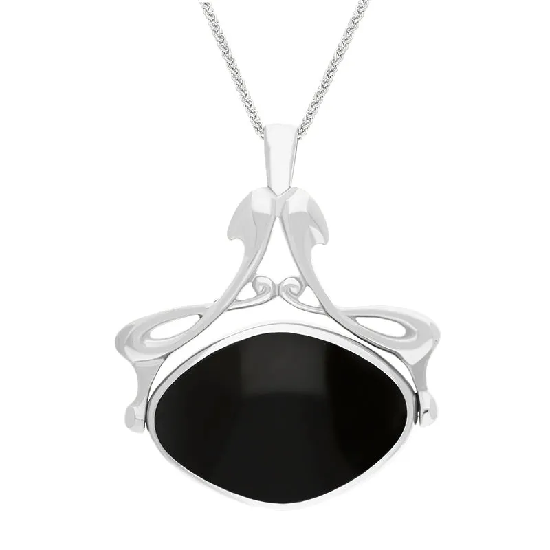 Sterling Silver Whitby Jet Malachite Bell Diamond Swivel Fob Necklace