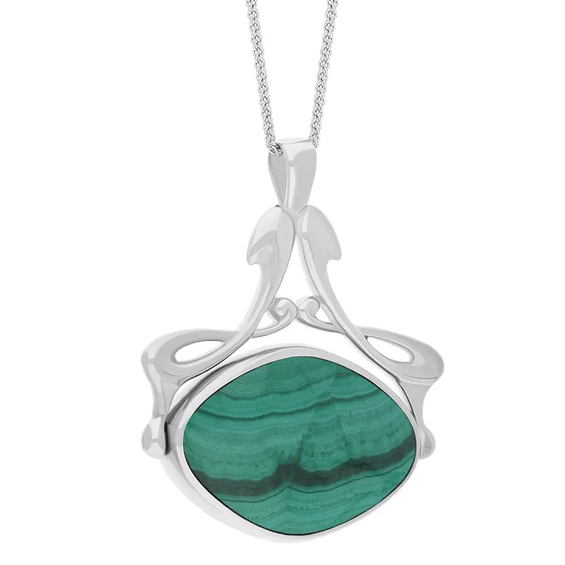 Sterling Silver Whitby Jet Malachite Bell Diamond Swivel Fob Necklace