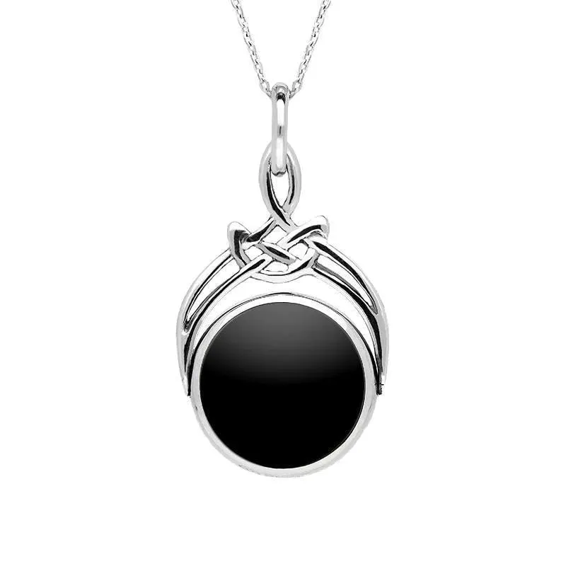Sterling Silver Whitby Jet Malachite Round Swivel Fob Necklace