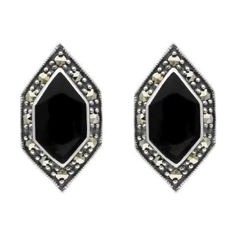 Sterling Silver Whitby Jet Marcasite Abstract Marquise Stud Earrings