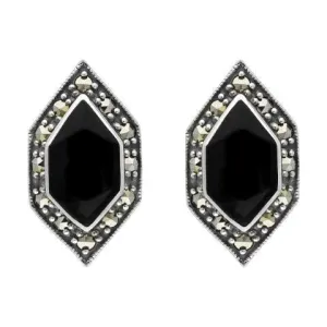 Sterling Silver Whitby Jet Marcasite Abstract Marquise Stud Earrings