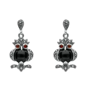 Sterling Silver Whitby Jet Marcasite and Garnet Owl Drop Earrings