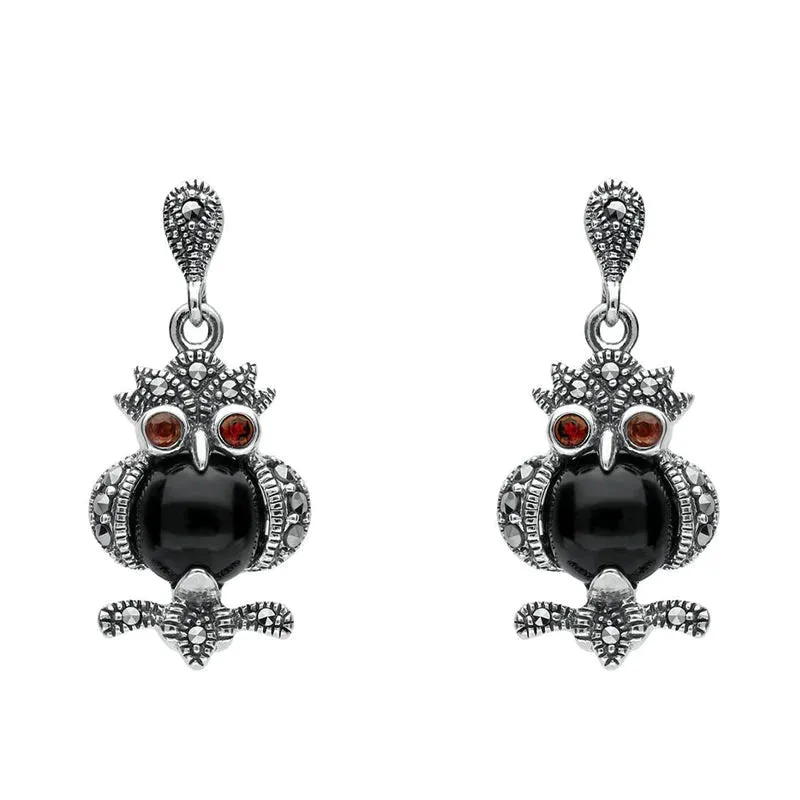 Sterling Silver Whitby Jet Marcasite and Garnet Owl Drop Earrings