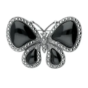 Sterling Silver Whitby Jet Marcasite Butterfly Brooch
